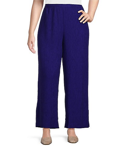 Eileen Fisher Plus Size Textured Crinkled Plisse Wide Leg Side Slit Pull-On Ankle Pants