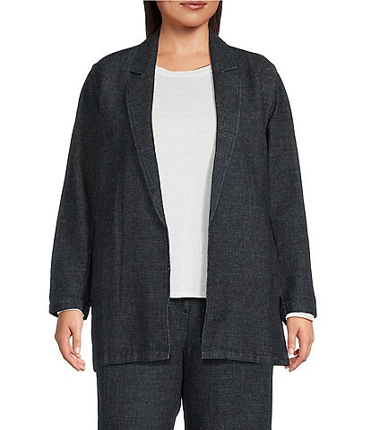 Eileen Fisher Plus Size Tweedy Hemp Organic Cotton Notch Lapel Collar Long Sleeve Open-Front Long Blazer