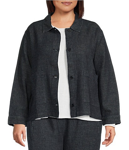 Eileen Fisher Plus Size Tweedy Hemp Organic Cotton Point Collar Long Sleeve Pocketed Jacket