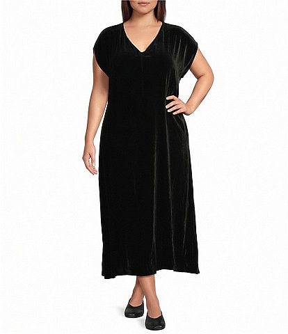 Eileen Fisher Plus Size Velvet V-Neck Cap Sleeve Pull-On A-Line Dress