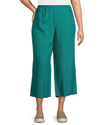 Eileen Fisher Plus Size Washed Organic Linen Elastic Waist Wide Leg Cropped Pants