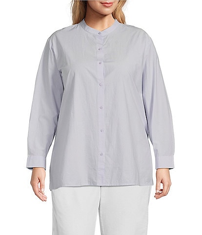 Eileen Fisher Plus Size Washed Organic Cotton Poplin Mandarin Collar Long Sleeve Button-Front Shirt
