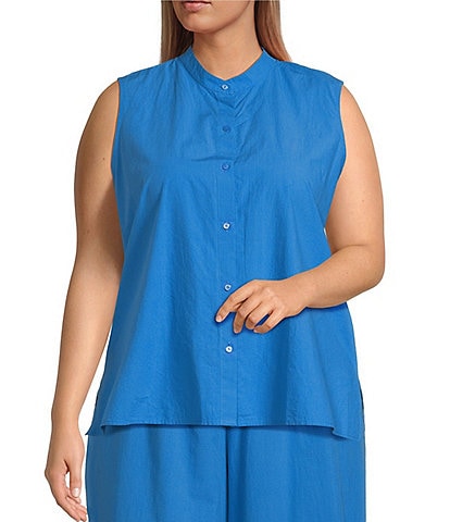 Eileen Fisher Plus Size Washed Organic Cotton Poplin Mandarin Collar Sleeveless Button-Front Shirt