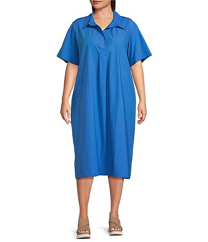 Eileen Fisher Plus Size Washed Organic Cotton Poplin Point Collar Elbow Sleeve Midi Shirt Dress