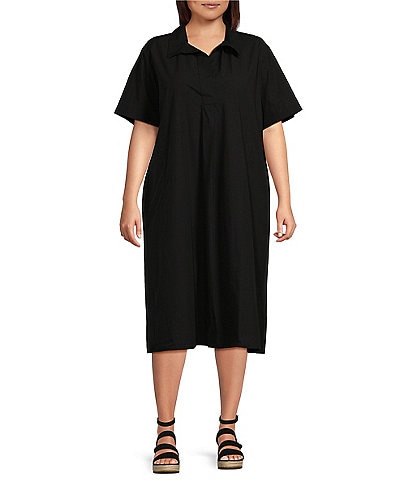 Eileen Fisher Plus Size Washed Organic Cotton Poplin Point Collar Elbow Sleeve Midi Shirt Dress