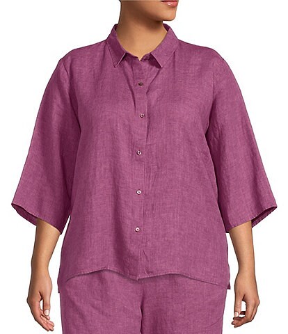 Eileen Fisher Plus Size Coordinating Washed Organic Linen Delave Point Collar Short Sleeve Button Front Shirt