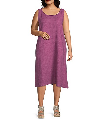 Eileen Fisher Plus Size Washed Organic Linen Delave Sleeveless Shift Dress