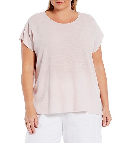 Eileen Fisher Plus Size Wool Crepe Knit Round Neck Cap Sleeve Top