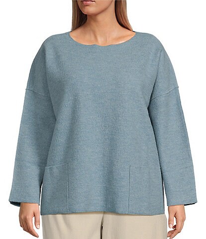 Eileen Fisher Plus Size Wool Knit Boat Neck Long Sleeve Boxy Shirt