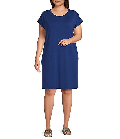 Eileen Fisher Plus Stretch Jersey Knit Crew Neck Cap Sleeve Boxy Dress