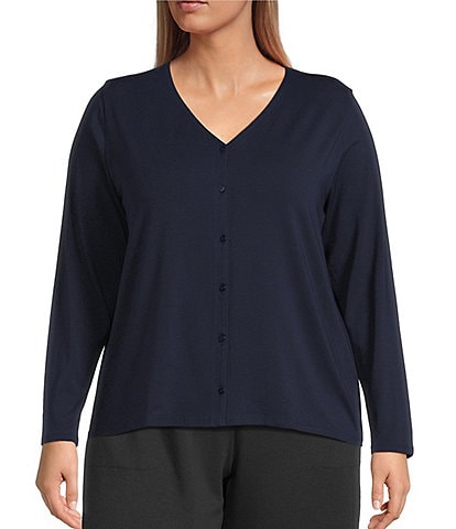 Eileen Fisher Plus Stretch Jersey Knit V-Neck Long Sleeve Button Front Top