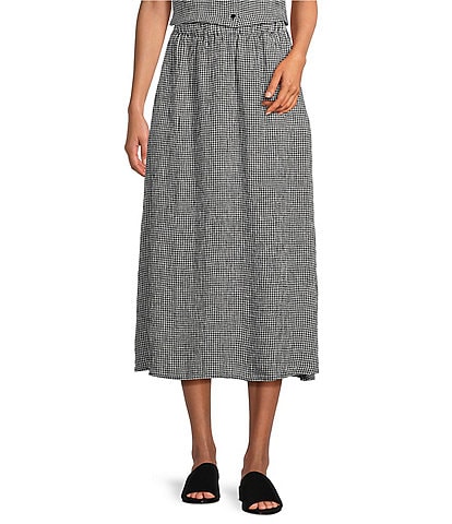 Eileen Fisher Puckered Check Organic Linen Elastic Waist A-Line Gathered Midi Skirt