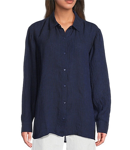 Eileen Fisher Puckered Organic Linen Point Collar Long Sleeve Top