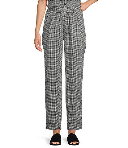Eileen Fisher Puckered Organic Linen Check Print Tapered Leg Ankle Pants
