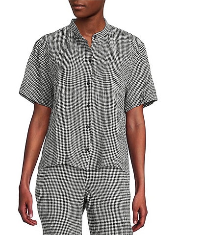 Eileen Fisher Puckered Organic Linen Gingham Mandarin Collar Short Sleeve Coordinating Top