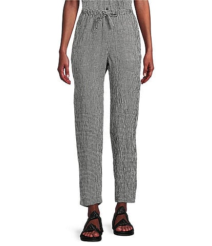 Eileen Fisher Puckered Organic Linen Gingham Taper Ankle Coordinating Pants