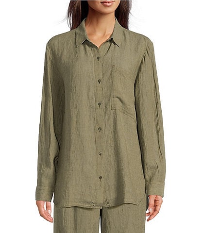 Eileen Fisher Puckered Organic Linen Point Collar Long Sleeve Shirt