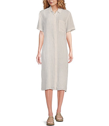 Eileen Fisher Puckered Organic Linen Point Collar Short Sleeve Button-Front Striped Shirt Dress