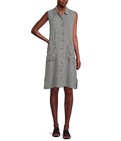Eileen Fisher Puckered Organic Linen Point Collar Sleeveless Shirtdress