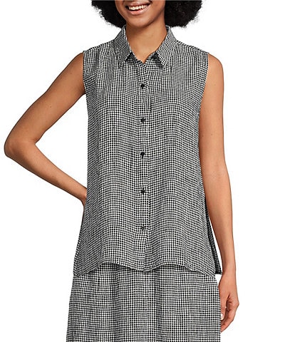 Eileen Fisher Puckered Organic Linen Point Collar Sleeveless Side Slit Button-Front Shirt