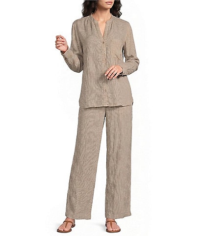Eileen Fisher Puckered Organic Linen Stripe Drawstring Wide Ankle Coordinating Pants
