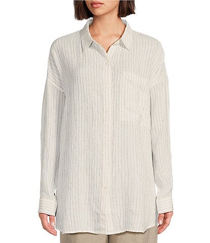 Eileen Fisher Puckered Organic Linen Stripe Print Point Collar Long Sleeve Button-Front Shirt