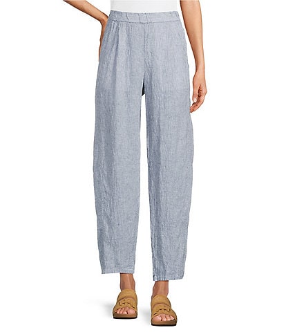 Eileen Fisher Puckered Organic Linen Yarn-Dyed Stripe Elastic Waist Pull-On Pants