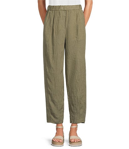 Eileen Fisher Puckered Organic Linen Yarn-Dyed Stripe Elastic Waist Pull-On Pants