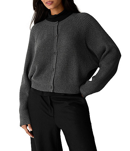 Eileen Fisher Ribbed Knit Round Neck Long Sleeve Button-Front Cardigan