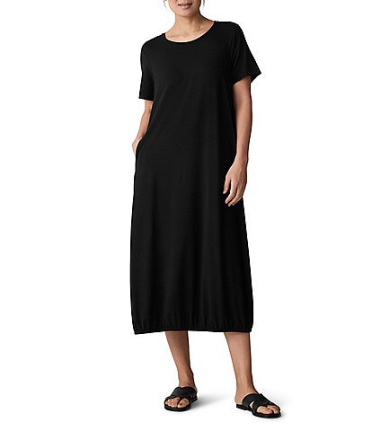 Eileen Fisher Round Neck Short Sleeve Full Length Lantern Midi Dress