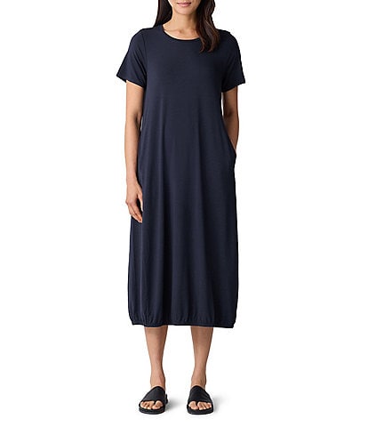Eileen Fisher Round Neck Short Sleeve Full Length Lantern Midi Dress