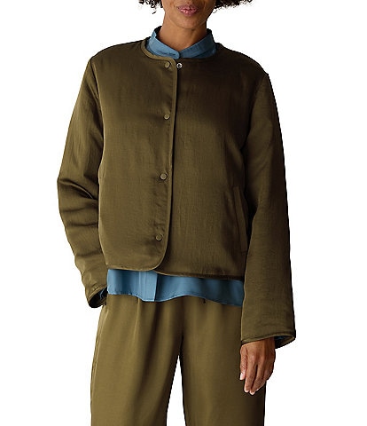 Eileen Fisher Satin Weave Round Neck Long Sleeve Button-Front Jacket