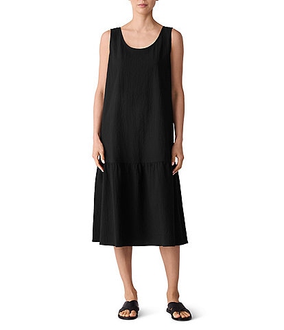 Eileen Fisher Seersucker Scoop Neck Sleeveless Midi Dress