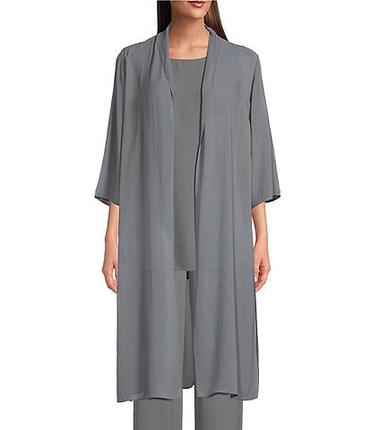 Eileen Fisher Sheer Silk Georgette 3/4 Sleeves Side Slit Open Front Jacket