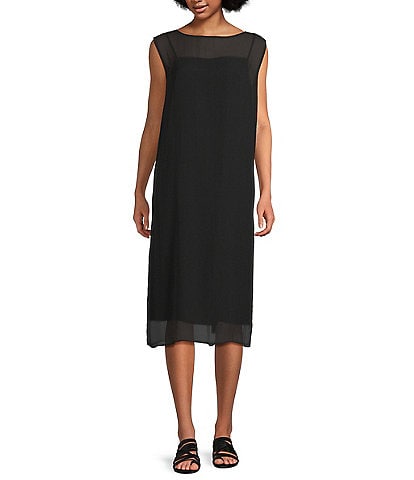 Eileen Fisher Sheer Silk Georgette Boat Neck Sleeveless Midi Dress