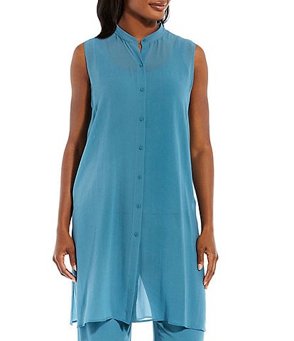 Eileen Fisher Sheer Silk Georgette Crepe Mandarin Collar Sleeveless Long Shirt
