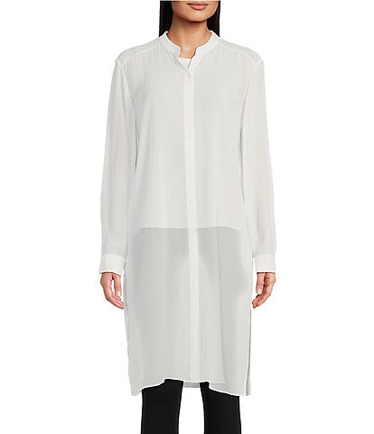 Eileen Fisher Sheer Silk Georgette Mandarin Collar Long Sleeve Button Front Shirt