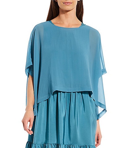 Eileen Fisher Sheer Silk Georgette Round Neck Elbow Sleeve Cropped Poncho