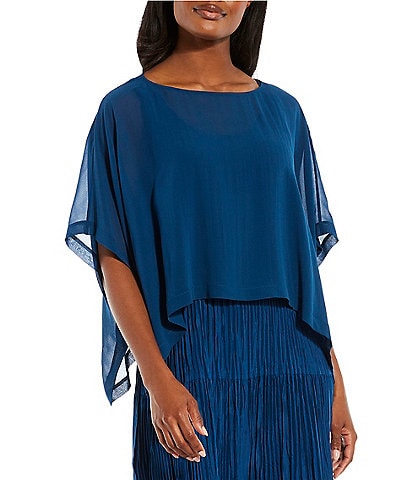 Eileen Fisher Sheer Silk Georgette Round Neck Elbow Sleeve Cropped Poncho