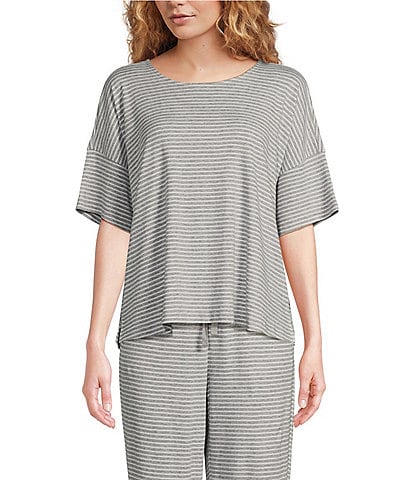 Eileen Fisher Organic Cotton Short Sleeve Round Neck Knit Striped Coordinating Sleep Top