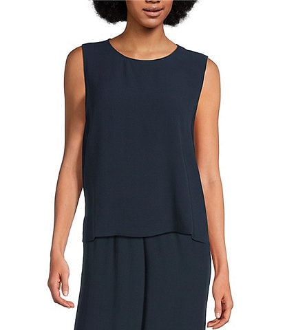 Eileen Fisher Silk Georgette Crepe Crew Neck Sleeveless Shell Tank