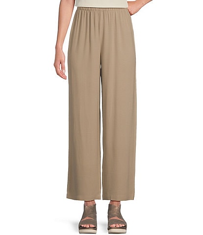 Eileen Fisher Silk Georgette Crepe Elastic Waisted Wide-Leg Pull-On Ankle Pants