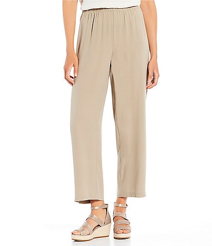 Eileen Fisher Silk Georgette Crepe Elastic Waisted Wide-Leg Pull-On Ankle Pants