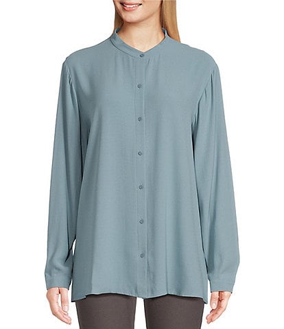 Eileen Fisher Silk Georgette Crepe Mandarin Collar Long Sleeve Button-Front Shirt