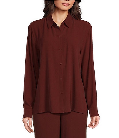 Eileen Fisher Silk Georgette Crepe Point Collar Long Sleeve Button Front Classic Shirt