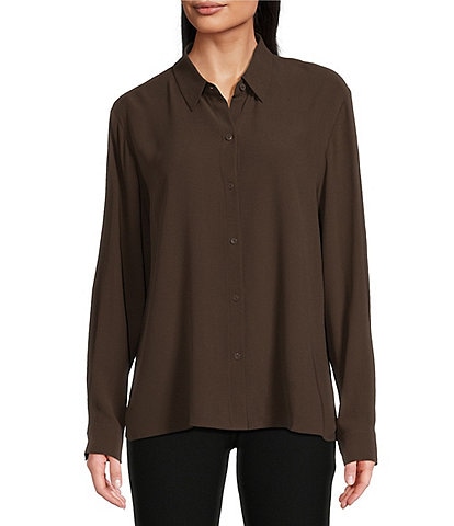 Eileen Fisher Silk Georgette Crepe Point Collar Long Sleeve Button Front Classic Shirt