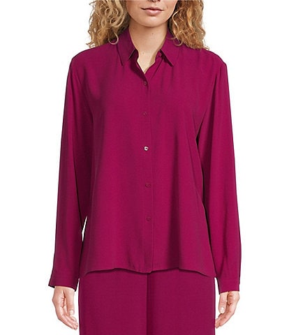 Eileen Fisher Silk Georgette Crepe Point Collar Long Sleeve Button-Front Shirt