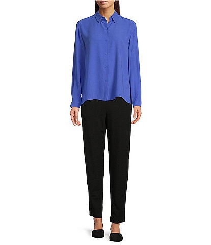 Eileen Fisher Silk Georgette Crepe Point Collar Long Sleeve Button-Front Shirt