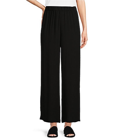 Eileen Fisher Silk Georgette Crepe Wide-Leg High Side Slit Pull-On Ankle Pants