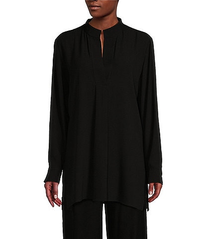 Eileen Fisher Silk Georgette Stand Collar Split V-Neck Long Sleeve Tunic